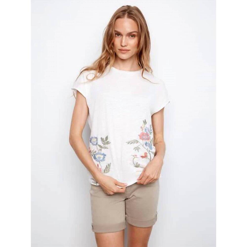 NEW CHARLIE B cap sleeve cotton floral embroidery top in white - Picture 1 of 3